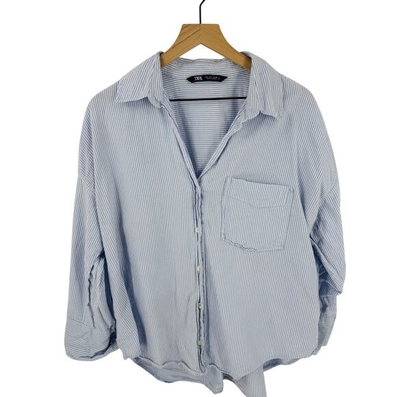 Zara Striped Button Down Shirt Blue White Cotton Relaxed Fit Collared Size L - Picture 1 of 7
